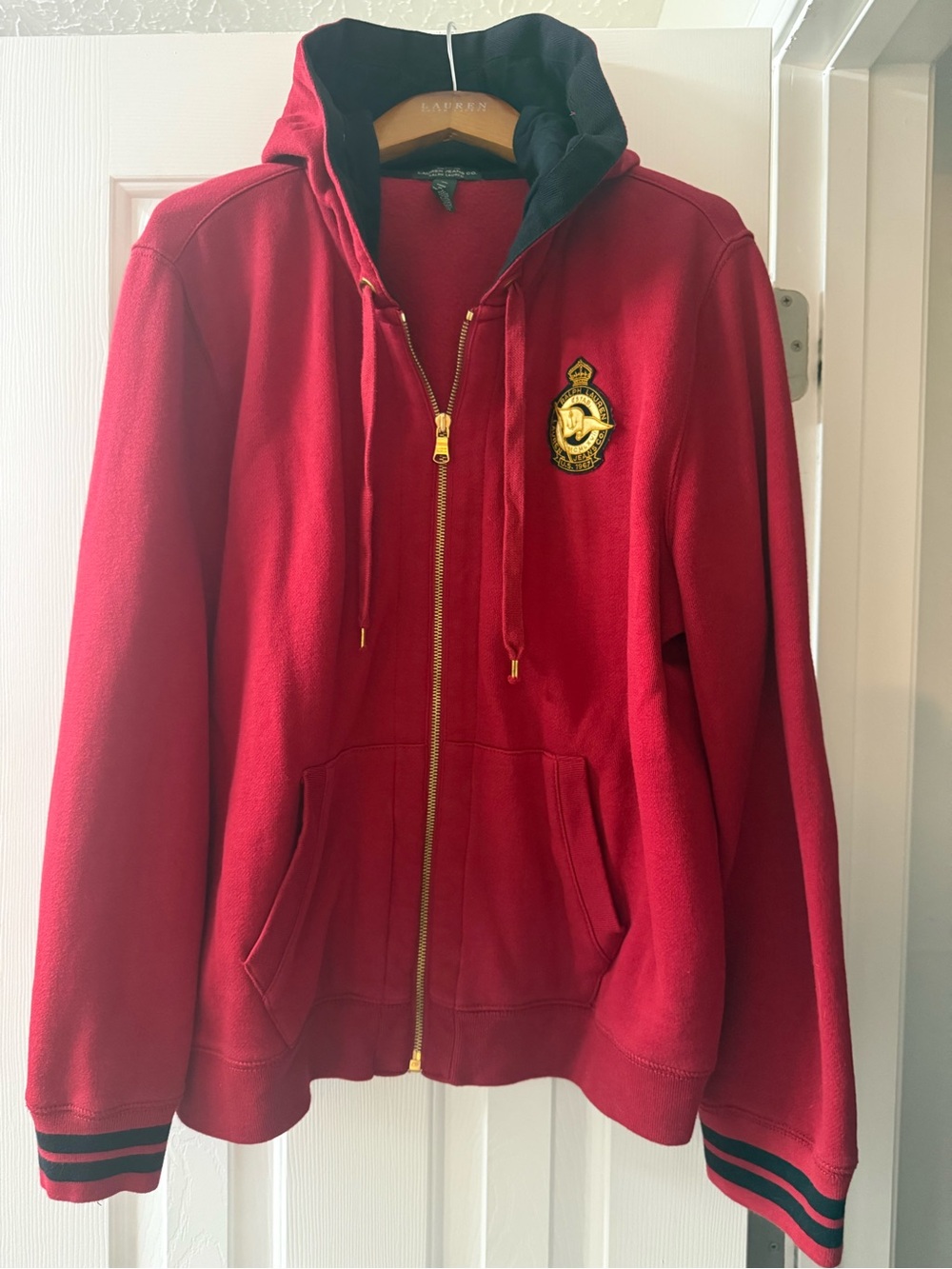 Vintage LRL Lauren Jeans Co Ralph Lauren Crest Patch Hoodie Red Full Zip XL 1967
